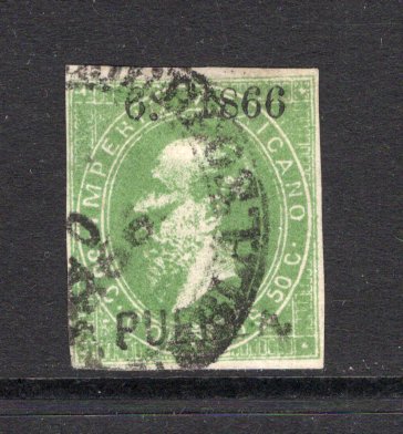 MEXICO - 1866 - MAXIMILLIAN ISSUE & VARIETY: 50c deep yellow green LITHO MAXIMILLIAN issue with '46 - 1866' Invoice number and 'PUEBLA' district overprint with variety '4' of '46' OMITTED. A fine cds used copy with four good to tight margins. (SG 39, Follansbee #51b)  (MEX/33047)