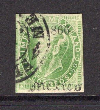 MEXICO - 1866 - MAXIMILLIAN ISSUE: 50c green ENGRAVED MAXIMILLIAN issue with '119 - 866' Invoice number and 'MEXICO' district overprint. A fine cds used copy with margins tight to touching. (SG 43, Follansbee #55)  (MEX/33053)