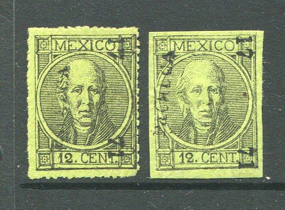 MEXICO - 1868 - HIDALGO ISSUE: 12c black on yellow green 'Hidalgo' issue, thick figures of value, two copies both perforated and imperf with '17 71' number and 'PACHUCA' district overprint, fine mint with gum. (SG 68 & 73, Follansbee #69 & 74)  (MEX/33057)