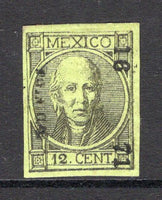 MEXICO - 1868 - HIDALGO ISSUE: 12c black on yellow green 'Hidalgo' issue, thick figures of value, imperf with '16 71' number and 'TOLUCA' district overprint, fine mint with gum. (SG 68, Follansbee #79)  (MEX/33058)