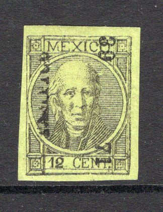 MEXICO - 1868 - HIDALGO ISSUE: 12c black on yellow green 'Hidalgo' issue, thick figures of value, imperf with '39 71' number and 'TAMPICO' district overprint, fine mint with gum. (SG 68, Follansbee #69)  (MEX/33059)