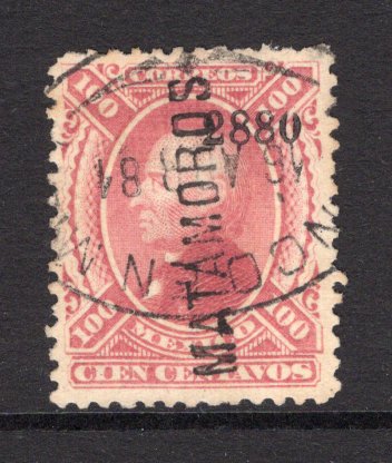 MEXICO - 1874 - HIDALGO 1874 ISSUE: 100c rose carmine on medium WOVE paper 'Third' issue with '2880' numerals close together at top and 'MATAMOROS' district overprint, a fine used copy with oval FRANCO EN MATAMOROS cancel in black dated 16 APR 1881. (SG 108, Follansbee #113y)  (MEX/33073)