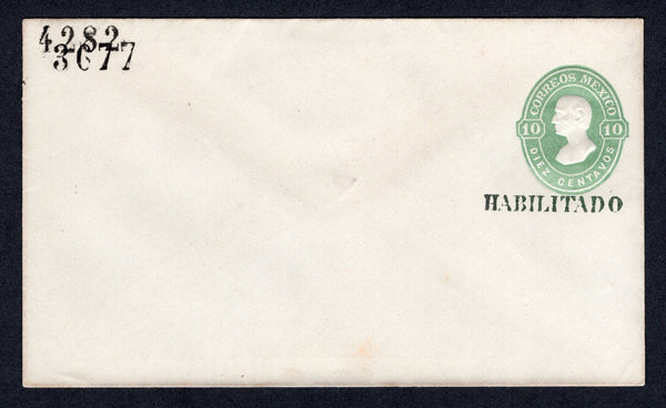 MEXICO - 1882 - POSTAL STATIONERY: 10c green 'Hidalgo' postal stationery envelope with 'HABILITADO' overprint in green (UPSS #E12, H&G B10c) with original '3677' number of SALTILLO district and renumbered '4282' for CORDOVA district. A fine unused example. A very rare envelope.  (MEX/34073)