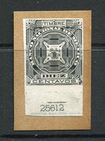 MEXICO - Circa 1910 - REVENUE ISSUE & PROOF: 10c / Una Accion'' Re-numbered IMPERF DIE PROOF in black on India paper mounted on buff card inscribed 'Banco Nacional de Mexico' with engine turned design. Originally numbered 'C 120' and crossed out and re-numbered '25612' below design with 'AMERICAN BANK NOTE CO. N.Y.' imprint below the numbers. This was a design for a stamp to be used exclusively within the Nacional Bank of Mexico on financial transactions. It is unknown if it was ever produced as a stamp