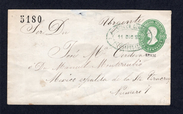 MEXICO - 1879 - POSTAL STATIONERY & CANCELLATION: 10c green 'Hidalgo' postal stationery envelope with '5180' district number and 'APAM' district overprint in black below stamp imprint (UPSS #E8, H&G B8b) used with good strike of oval AGENCIA DE CORREOS EN CALPULALPAM cancel in green dated 11 DEC 1880. Addressed to MEXICO CITY with arrival mark on reverse. Small fault at top but a very rare cancel and unrecorded in green.  (MEX/36364)