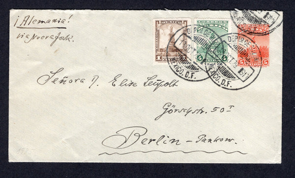 MEXICO - 1929 - POSTAL STATIONERY: 5c orange on greyish postal stationery envelope (UPSS #E79, H&G B67) used with added 1923 1c brown and 4c green (SG 436 & 440) tied by two strikes of DEPTO DE BUZONES MEXICO D.F. cds dated 13 OCT 1929. Addressed to GERMANY. Very attractive.  (MEX/36367)