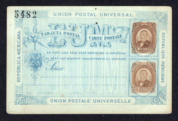 MEXICO - 1882 - POSTAL STATIONERY: 1c brown + 1c brown 'Juarez' postal stationery card with blue printing on greenish blue stock (UPSS #PC1c, H&G 2A) with '5482' district number of MEXICO CITY. A fine unused example.  (MEX/36372)