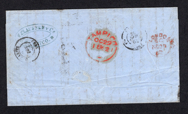 MEXICO - 1862 - BRITISH POST OFFICES & FORWARDING AGENT: Complete folded letter datelined 'Zacatecas, Octubre 10 / 1862' sent by forwarding agent with fine strike of oval 'F. CLAUSSEN Y CA. TAMPICO' agents cachet in blue on reverse to the British P.O. at TAMPICO with fine strike of TAMPICO cds in bright red dated OCT 29 1862 also on reverse. Addressed to FRANCE with '16' decimes rate marking and boxed 'G B 1F 60c' accountancy mark both on front and LONDON transit cds and French arrival marks on reverse.