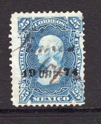 MEXICO - 1874 - HIDALGO 1874 ISSUE: 25c blue on medium WOVE paper 'First' issue with '19 - 74' numerals wide apart and 'Ures' district overprint, a fine used copy with 'FRANCO SOYOPA' manuscript cancel. Very scarce. (SG 99, Follansbee #99)  (MEX/36398)