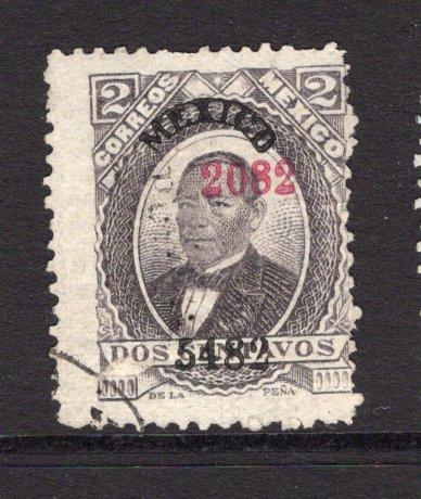 MEXICO - 1879 - JUAREZ ISSUE: 2c dull violet 'Juarez' HABILITADO (Re-numbered) issue on very thin wove paper with '5482' invoice number and 'MEXICO' district overprint in black re-numbered '2082' in red for use in PUEBLA with light 'PUEBLA' district overprint in black. A fine lightly used copy. (SG 116b, Follansbee #121Hz)  (MEX/36399)
