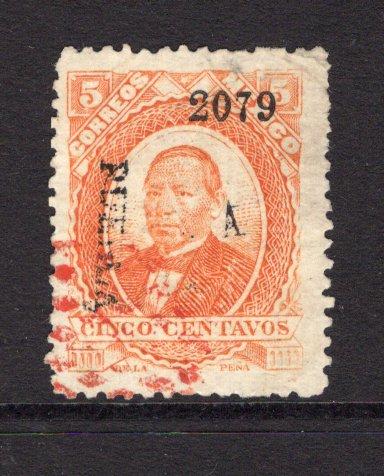 MEXICO - 1879 - JUAREZ ISSUE: 5c orange on medium soft WOVE paper with '2079' invoice number and 'PUEBLA' district overprint in black and additional 'A' sub consignment letter of 'APIZACO', a fine used copy with red cancel. (SG 125, Follansbee #122y)  (MEX/36400)
