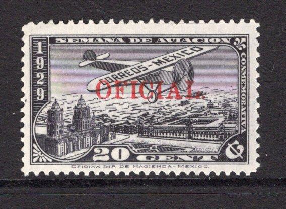 MEXICO - 1930 - OFFICIAL AIRMAIL & UNISSUED: 20c violet black AIR issue with variety 'OFICIAL' OVERPRINT IN RED, prepared for use but unissued. A fine mint copy. Expertised 'RUIDIAZ' on reverse. (SG O502 variety)  (MEX/36505)