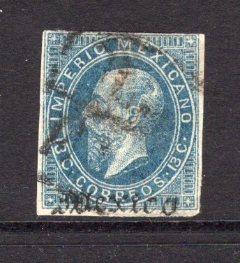 MEXICO - 1866 - MAXIMILLIAN ISSUE: 13c blue LITHO MAXIMILLIAN issue with 'MEXICO' district overprint only, a fine used copy with four margins. (SG 37, Follansbee #48M)  (MEX/38210)