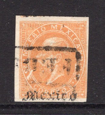 MEXICO - 1866 - MAXIMILLIAN ISSUE: 25c orange LITHO MAXIMILLIAN issue with 'MEXICO' district overprint only, a fine four margin copy lightly used with part boxed cancel. Scarce. (SG 38e, Follansbee #49M)  (MEX/38211)