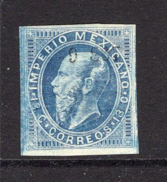 MEXICO - 1866 - MAXIMILLIAN ISSUE: 13c blue ENGRAVED MAXIMILLIAN issue with '9 - 867' Invoice number and date only, issued to 'CUERNAVACA' district, a fine mint copy with four margins. (SG 41a, Follansbee #53B)  (MEX/38215)