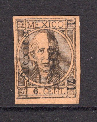 MEXICO - 1868 - HIDALGO ISSUE: 6c black on orange brown 'Hidalgo' issue, thick figures of value, imperf with '1 71' number and 'MEXICO' district overprint, a fine four margin copy lightly used. (SG 67, Follansbee #68)  (MEX/38220)
