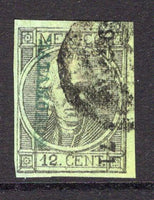 MEXICO - 1868 - HIDALGO ISSUE: 12c black on yellow green 'Hidalgo' issue, thick figures of value, imperf with '9 71' number and 'MATAMOROS' district overprint in blue, a fine four margin copy lightly used. (SG 68, Follansbee #69)  (MEX/38221)