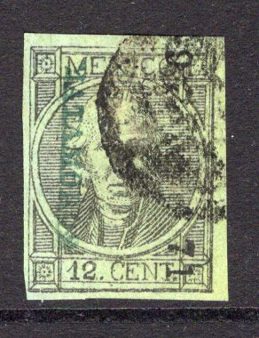 MEXICO - 1868 - HIDALGO ISSUE: 12c black on yellow green 'Hidalgo' issue, thick figures of value, imperf with '9 71' number and 'MATAMOROS' district overprint in blue, a fine four margin copy lightly used. (SG 68, Follansbee #69)  (MEX/38221)