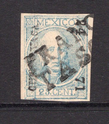 MEXICO - 1868 - HIDALGO ISSUE: 25c blue on pale pink 'Hidalgo' issue, thick figures of value, imperf with '24 71' number and 'CUERNAVACA' district overprint, a fine used copy with part strike of FRANCO TASO cancel in black. (SG 69, Follansbee #70)  (MEX/38222)