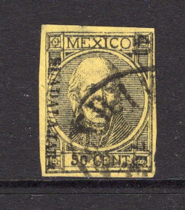 MEXICO - 1868 - HIDALGO ISSUE: 50c black on yellow 'Hidalgo' issue, thick figures of value, imperf with '41 70' number and 'GUADALAJARA' district overprint, a fine used four margin copy. (SG 70, Follansbee #71)  (MEX/38223)