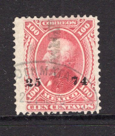MEXICO - 1874 - HIDALGO 1874 ISSUE: 100c rose carmine on thin crisp WOVE paper 'First' issue with '25 - 74' numerals wide apart and 'MATAMOROS' district overprint, a fine lightly used copy. (SG 101, Follansbee #101x)  (MEX/38232)