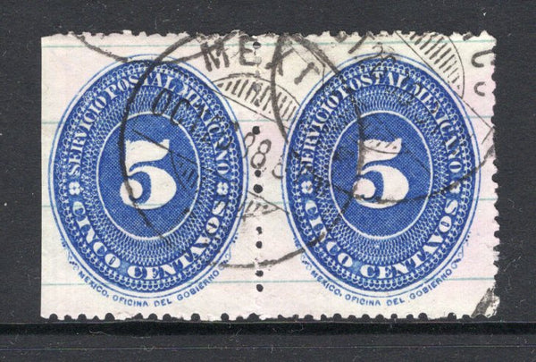 MEXICO - 1887 - NUMERAL ISSUE: 5c ultramarine 'Numeral' issue printed on paper with 'Ruled Lines', perf 12, a fine used pair with MEXICO cds dated OCT 25 1888. (SG 184, Follansbee #180)  (MEX/38249)