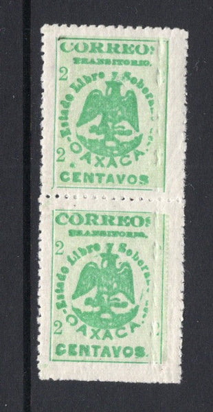 MEXICO - 1914 - CIVIL WAR - OAXACA ISSUE: 2c emerald 'Oaxaca' PROVISIONAL issue a fine mint pair with variety ALL '2's' AT RIGHT ALBINO, almost appear completely omitted. (SG X2 variety)  (MEX/38269)