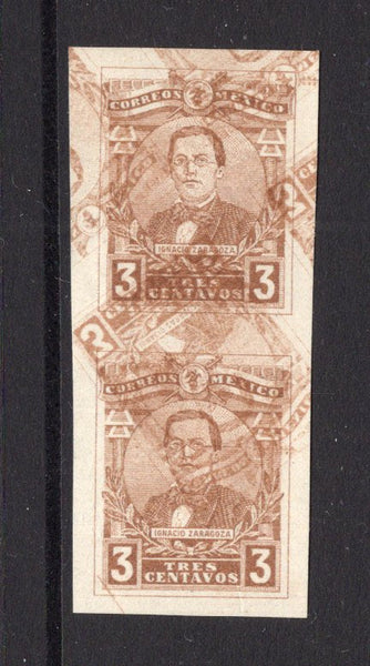 MEXICO - 1915 - VARIETY: 3c brown 'Zaragoza' issue, a fine mint IMPERF PAIR with variety STAMP PRINTED DOUBLE ONE IN REVERSE. (SG 295 variety)  (MEX/38277)