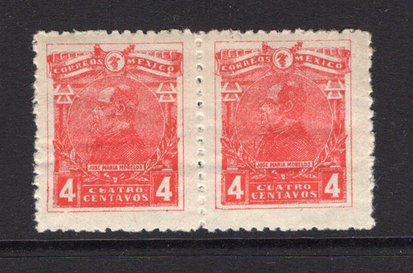 MEXICO - 1915 - VARIETY: 4c carmine 'Morelos' issue, a fine mint pair with variety 'CEATRO' FOR 'CUATRO' on left hand stamp. Light horizontal crease. (SG 296 & 296a)  (MEX/38289)
