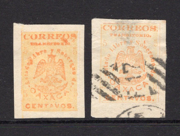 MEXICO - 1914 - CIVIL WAR - OAXACA ISSUE & POSTAL FORGERY: 5c orange 'Oaxaca' PROVISIONAL issue POSTAL FORGERY, two copies imperf one unused and one used with part strike of the 'F17' killer section of a duplex cds. Uncommon. (As SG X4 & Mentioned in Follansbee).  (MEX/38299)