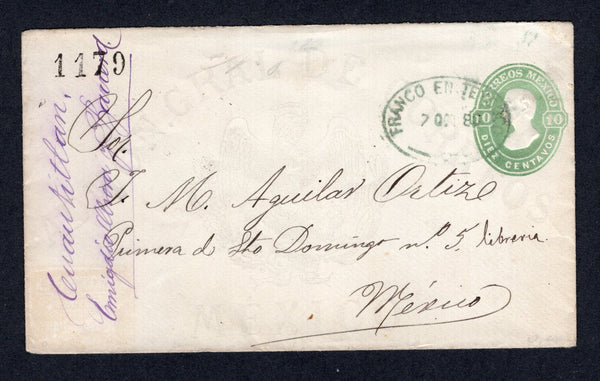 MEXICO - 1880 - POSTAL STATIONERY & CANCELLATION: 10c green 'Hidalgo' postal stationery envelope (UPSS #E8, H&G B8a) with '1179' control number of TEXCOCO at top left used with oval FRANCO EN TEXCOCO cancel in green dated 7 OCT 1880. Addressed to MEXICO CITY with arrival mark on reverse. A scarcer origination.  (MEX/38300)