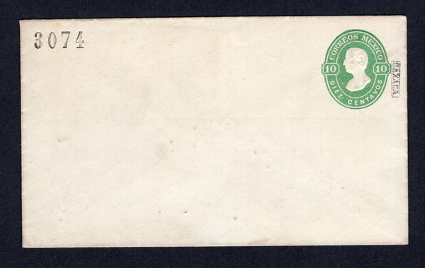 MEXICO - 1874 - POSTAL STATIONERY: 10c green 'Hidalgo' postal stationery envelope with '3074' district number and boxed 'OAXACA' district overprint in black (UPSS #E2, H&G B2b). Fine unused.  (MEX/38434)