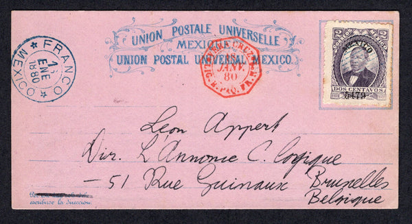 MEXICO - 1880 - JUAREZ ISSUE & POSTAL STATIONERY: Blue on lilac postal stationery formular card (UPSS #FC1d, H&G 10) with added 1879 2c slate violet 'Juarez' issue (SG 116) with '5479' numerals and 'MEXICO' district overprint cancelled by light 'Barred' circle with fine FRANCO MEXICO cds dated 16 JAN 1880 in blue alongside. Addressed to BELGIUM with fine strike of octagonal VERA CRUZ LIG.B PAQ FR. No.2 French maritime cds in red. Fine & rare.  (MEX/38452)