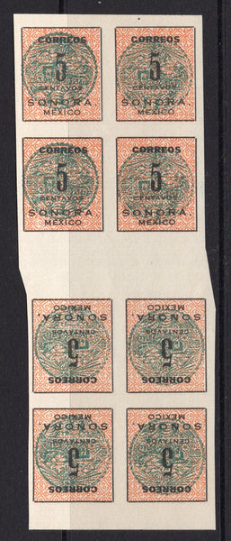 MEXICO - 1914 - CIVIL WAR & VARIETY: 5c orange red & green SONORA 'Coach Seal' issue a fine unused block of eight comprising of two TETE-BECHE pairs arranged across a central gutter. (SG S35 variety)  (MEX/38527)