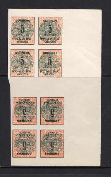 MEXICO - 1914 - CIVIL WAR & VARIETY: 5c orange red & green SONORA 'Coach Seal' issue a fine unused block of eight comprising of two TETE-BECHE pairs arranged across a central gutter. (SG S35 variety)  (MEX/38528)