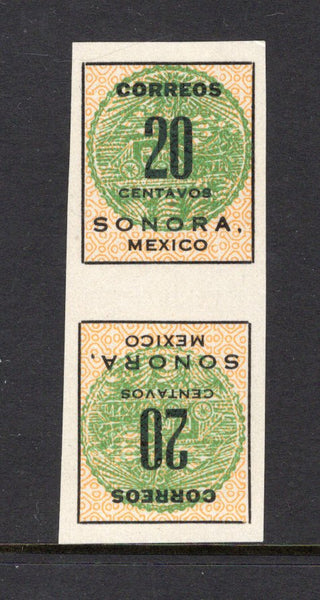 MEXICO - 1914 - CIVIL WAR & VARIETY: 20c buff & green SONORA 'Coach Seal' issue a fine unused TETE BECHE PAIR. (SG S38 variety)  (MEX/38534)