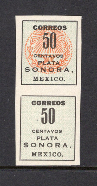 MEXICO - 1914 - CIVIL WAR & VARIETY: 50c blue green & orange SONORA 'Coach Seal' issue with 'PLATA' overprint in black a fine unused vertical pair with variety SEAL OMITTED ON BOTTOM STAMP. Uncommon. (See note below SG S86)  (MEX/38535)