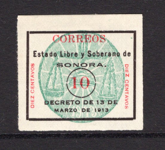 MEXICO - 1913 - CIVIL WAR: 10c black, green & red 'Sonora Seal' issue rouletted without colour, a fine unused copy. (SG S12)  (MEX/38540)
