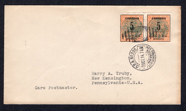 MEXICO - 1914 - CIVIL WAR & TRAVELLING POST OFFICES: Cover franked with pair 1914 5c orange & green SONORA 'Coach Seal' issue (SG S35a) tied by fine strike of O.P.A. No. 205 4A DIVISION SUP-GUAYMAS. SON duplex cds dated 7 OCT 1914  (travelling post office on the Ferrocarril Sud Pacifico de Mexico line). Addressed to USA with NOGALES transit cds on reverse.  (MEX/38543)