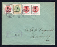 MEXICO - 1915 - CIVIL WAR & REGISTRATION: Registered cover franked with 1914 5c buff & green and 3 x 10c pale blue & red SONORA 'Coach Seal' (SG S35b & S36) tied by HERMOSILLO cds's dated 13 OCT 1915 with boxed 'HERMOSILLO' registration marking in purple alongside. Addressed locally within HERMOSILLO with oval 'CERTIFICADOS HERMOSILLO' marking on reverse.  (MEX/38544)
