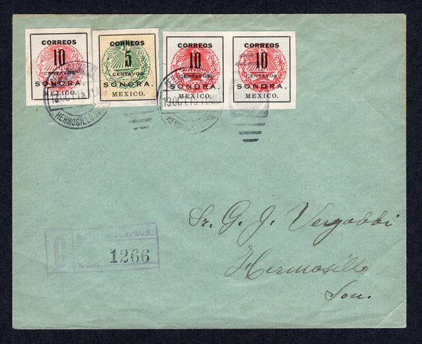 MEXICO - 1915 - CIVIL WAR & REGISTRATION: Registered cover franked with 1914 5c buff & green and 3 x 10c pale blue & red SONORA 'Coach Seal' (SG S35b & S36) tied by HERMOSILLO cds's dated 13 OCT 1915 with boxed 'HERMOSILLO' registration marking in purple alongside. Addressed locally within HERMOSILLO with oval 'CERTIFICADOS HERMOSILLO' marking on reverse.  (MEX/38544)