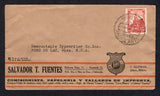 MEXICO - 1932 - TRAVELLING POST OFFICES: Cover with printed 'Salvador T. Fuentes, C. Guzman, Jalisco., Mexico.' return address on front franked with 1924 10c rose carmine (SG 442) tied by fine SERVICIO AMBULANTE 218 cds dated 22 APR 1932 (F.C.C.M. Guadalajara - Manzanillo line). Addressed to USA with nice red on orange oval 'Typewriter' CINDERELLA label on reverse.  (MEX/38594)