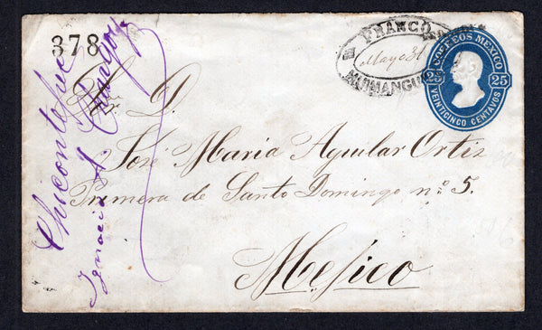 MEXICO - 1878 - POSTAL STATIONERY & CANCELLATION: 25c dark blue 'Hidalgo' postal stationery envelope (UPSS #E3B, H&G 3b) with '378' number and 'VERACRUZ' district opt used with good strike of oval FRANCO HUIMANGUILLO cancel in black (located in Tabasco district) with 'Mayo 31' date added in manuscript and purple 'Chicontepec, Ignacio A Chargoy' manuscript endorsement at left. Addressed to MEXICO CITY with arrival mark dated 12 OCT 1878 on reverse. A rare and unusual use.  (MEX/38731)