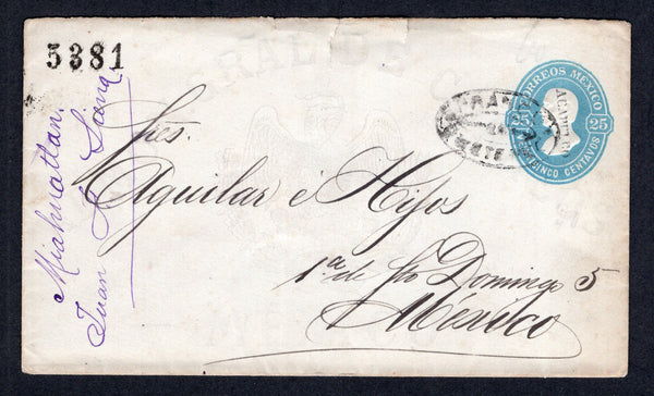MEXICO - 1881 - POSTAL STATIONERY & CANCELLATION: 25c light blue 'Hidalgo' postal stationery envelope (UPSS #E9, H&G 9b) with '5381' number and 'ACAPULCO' district opt used with somewhat blurred strike of undated oval FRANCO EN OMETEPEC cancel in black with purple 'Miahuatlan, Juan F Sierra' manuscript endorsement at left. Addressed to MEXICO CITY with small part arrival mark on reverse. Backflap missing and a few peripheral opening tears at top but a scarce & unusual use.  (MEX/38732)