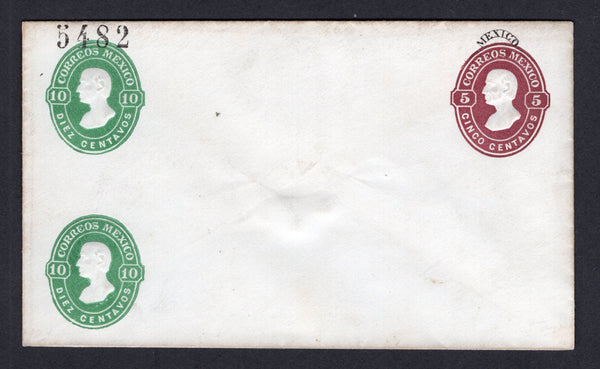 MEXICO - 1882 - POSTAL STATIONERY: 5c brown + 10c green + 10c green 'Hidalgo' postal stationery envelope (UPSS #E15, H&G 13a) with '5482' number and 'MEXICO' district overprint. A fine unused example.  (MEX/38733)