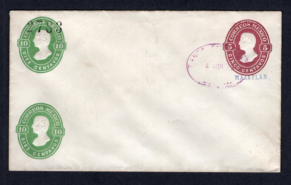 MEXICO - 1882 - POSTAL STATIONERY: 5c brown + 10c green + 10c green 'Hidalgo' postal stationery envelope (UPSS #E15, H&G 13a) with '2783' number and 'MAZATLAN' district overprint unused but cancelled with light strike of oval FRANCO EN MAZATLAN remainder cancel in purple.  (MEX/38734)
