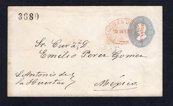 MEXICO - 1880 - POSTAL STATIONERY: 25c pale ultramarine 'Hidalgo' postal stationery envelope (UPSS #E9, H&G B9b) with '3880' control number at top left and 'DURANGO' district overprint in red used with oval FRANCO EN DURANGO cancel in red. Addressed to MEXICO CITY with manuscript arrival marks on reverse. Very attractive.  (MEX/39117)