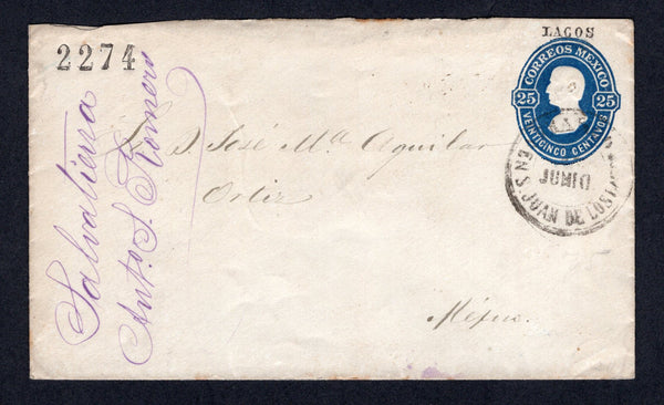 MEXICO - 1880 - POSTAL STATIONERY & CANCELLATION: 25c dark blue 'Hidalgo' postal stationery envelope (UPSS #E3, H&G B3b) with '2274' control number at top left and 'LAGOS' district overprint in black used with circular FRANCO EN SAN JUAN DE LOS LAGOS cancel in in black. Addressed to MEXICO CITY with manuscript arrival marks on front. Backflap missing.  (MEX/39118)