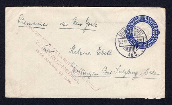 MEXICO - 1928 - FIRST FLIGHT: 10c blue postal stationery envelope (UPSS #E74, H&G B64) used with AGUASCALIENTES cds dated 13 OCT 1928. Addressed to GERMANY and flown on the 'Vera Cruz - Minatitlan - Villa Hermosa - C. del Carmen - Campeche - Merida' first flight with 'INAUGURACION DE LA RUTA POSTAL AEREA VERACRUZ - MERIDA 15 DE OCTUBRE DE 1928' first flight cachet in purple on front. A scarce commercial use of this flight. (Muller #13)  (MEX/39120)