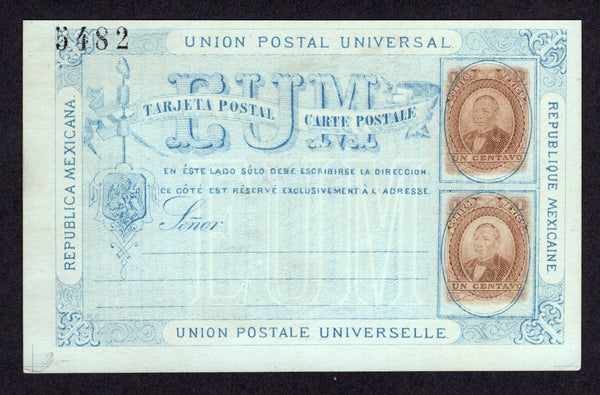 MEXICO - 1882 - POSTAL STATIONERY: 1c brown + 1c brown 'Juarez' postal stationery card with blue printing on greenish blue stock (UPSS #PC1c, H&G 2A) with '5482' district number of MEXICO CITY. A fine unused example.  (MEX/39123)